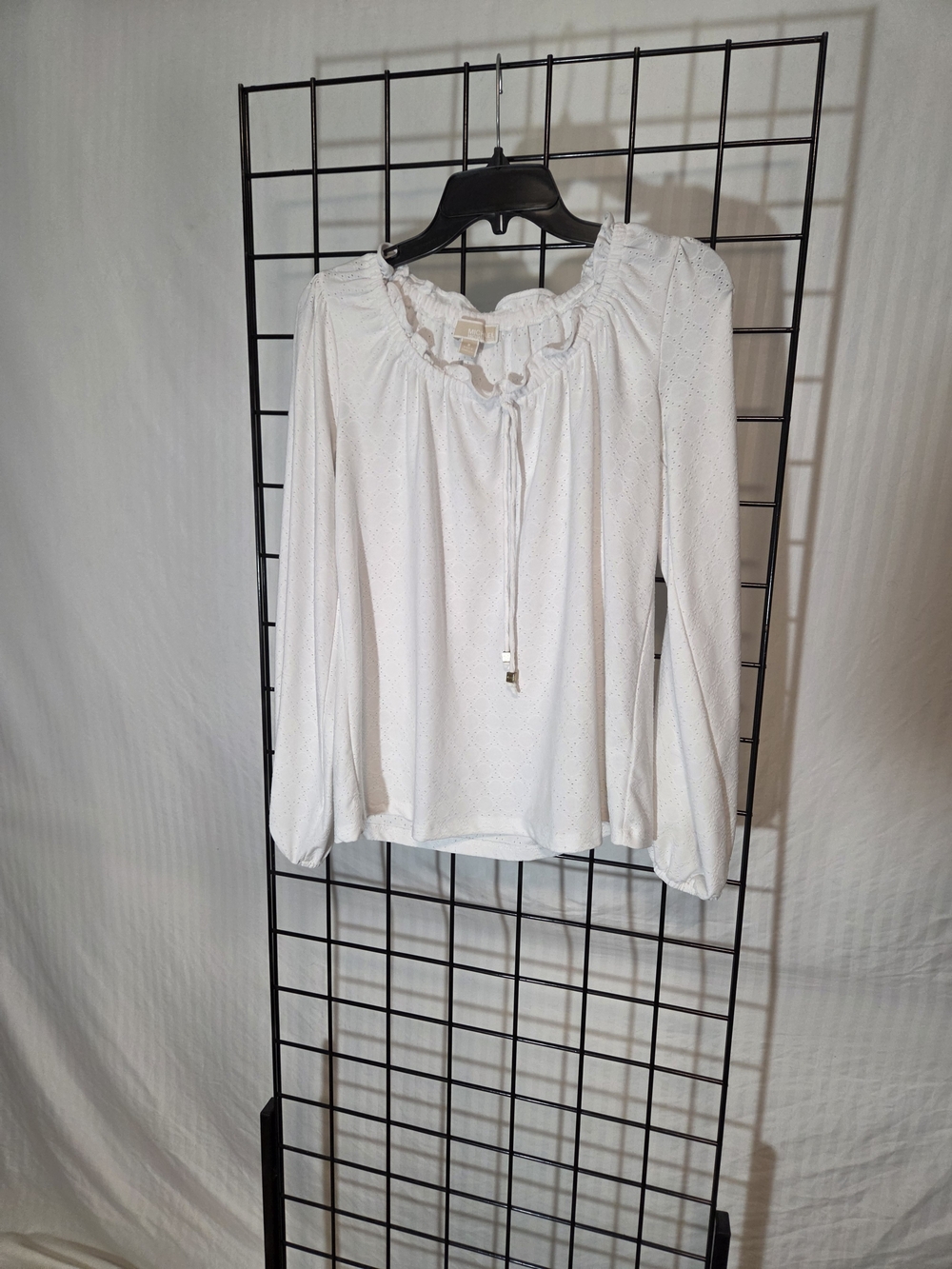 Michael Kors White Eyelet Peasant Blouse with Tie Neck